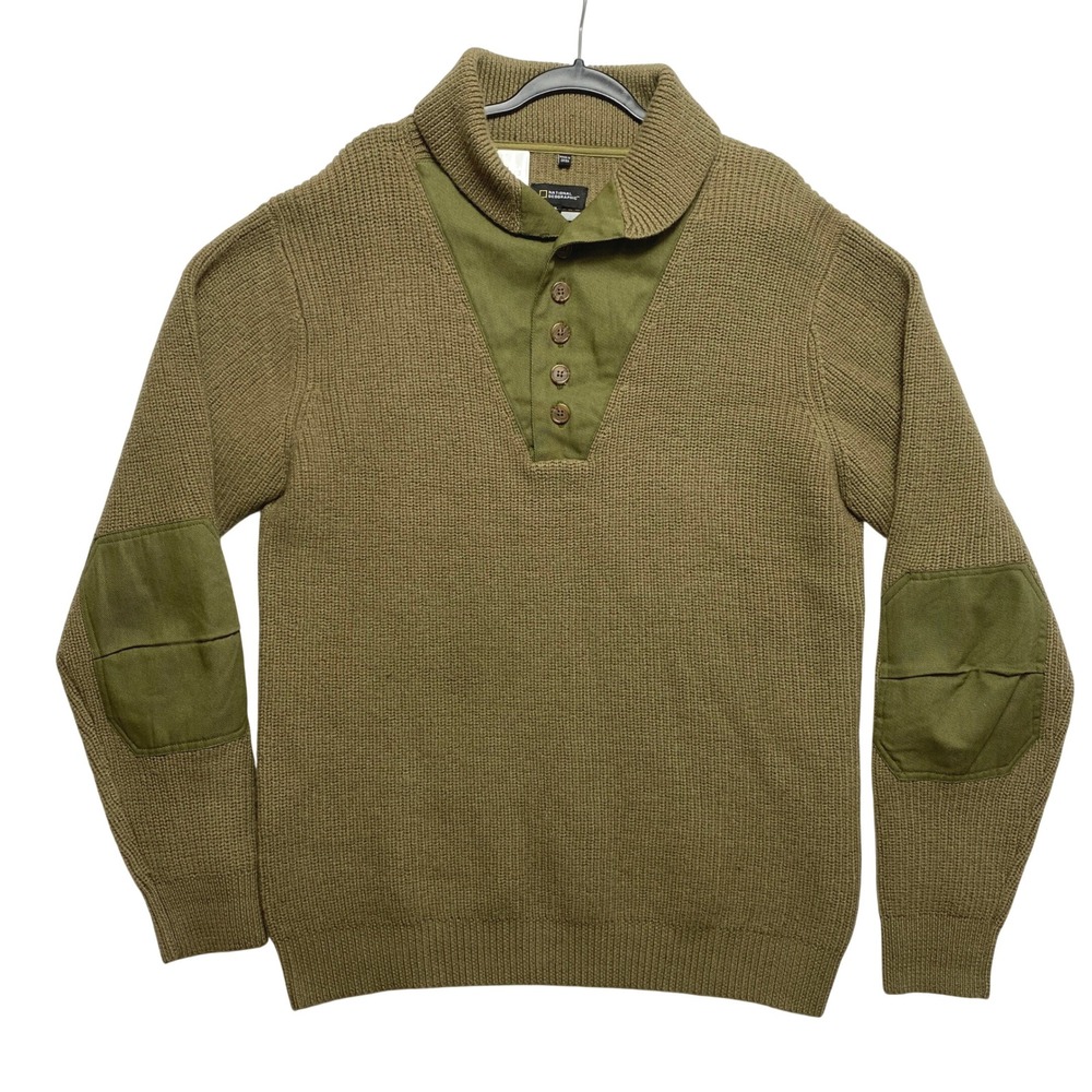 National Geographic Sweater Mens XL Green Wool Shawl Neck Elbow Patch
